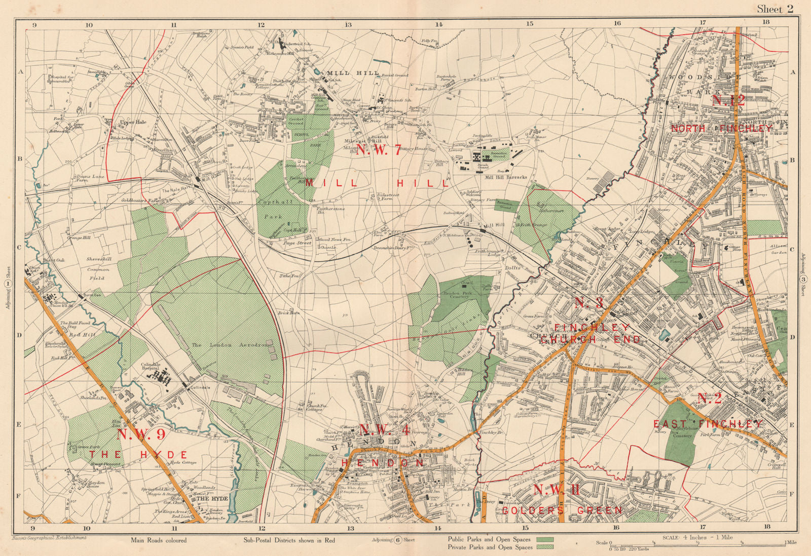 FINCHLEY/HENDON Mill Hill Hyde Golders Green Edgware Colindale. BACON 1927 map